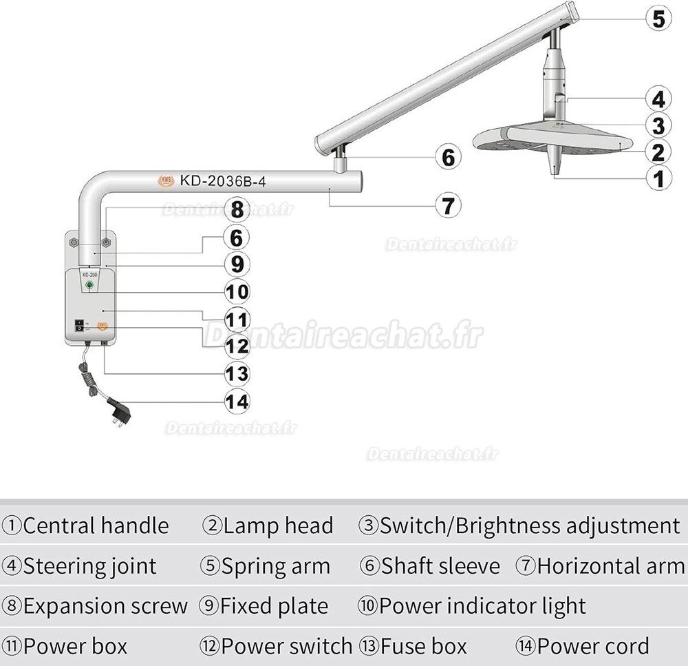 Lampe chirurgicale dentaire LED KWS KD-2036B-4, 80 W, &agrave; montage mural